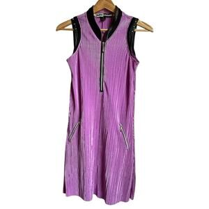 Jamie Sadock Purple Zip Front Golf Dress XS Pockets Faux Leather Trim